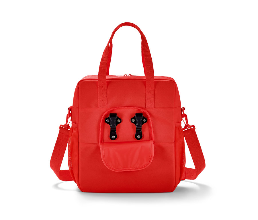 Sac à bandoulière rouge pour vélo avec poignées et une sangle.