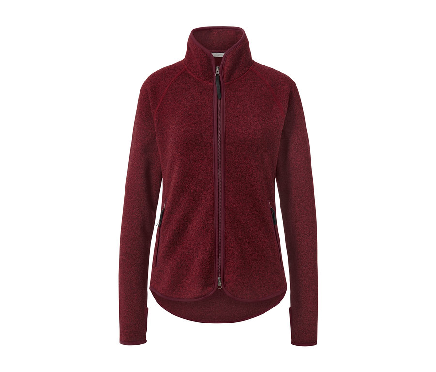 Veste en maille polaire rouge foncé avec fermeture éclair au centre.