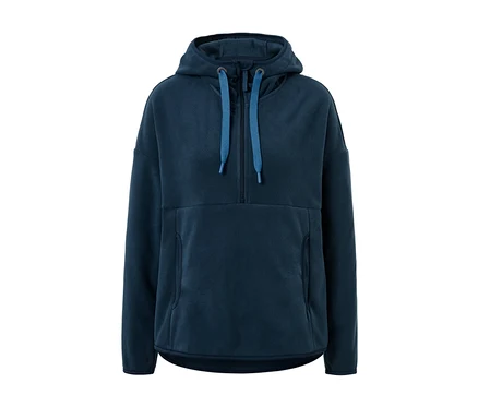 Pull en polaire à capuche bleu marine.