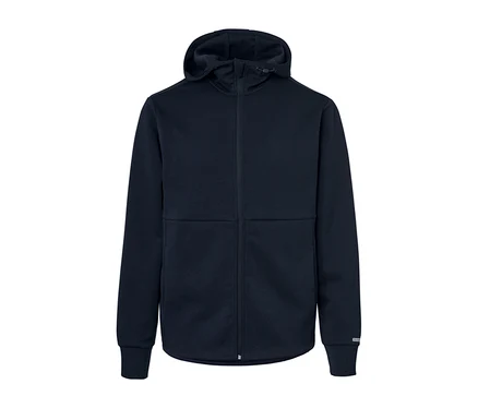 Un veste technique en sweat bleu marine avec capuche et fermeture éclair.