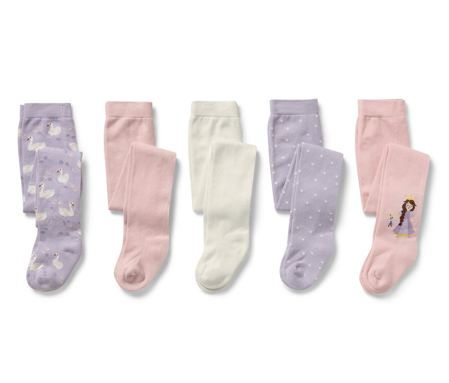 Cinq collants pour enfant, princesse. Les collants sont de couleurs violet, rose et blanc. Certains ont un imprimé de cygnes, d'autres de points et les derniers d'une princesse.