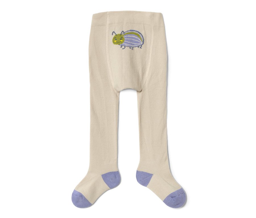 Collant crème pour bébé et tout-petit avec broderie de scarabée et bouts de pieds violets.