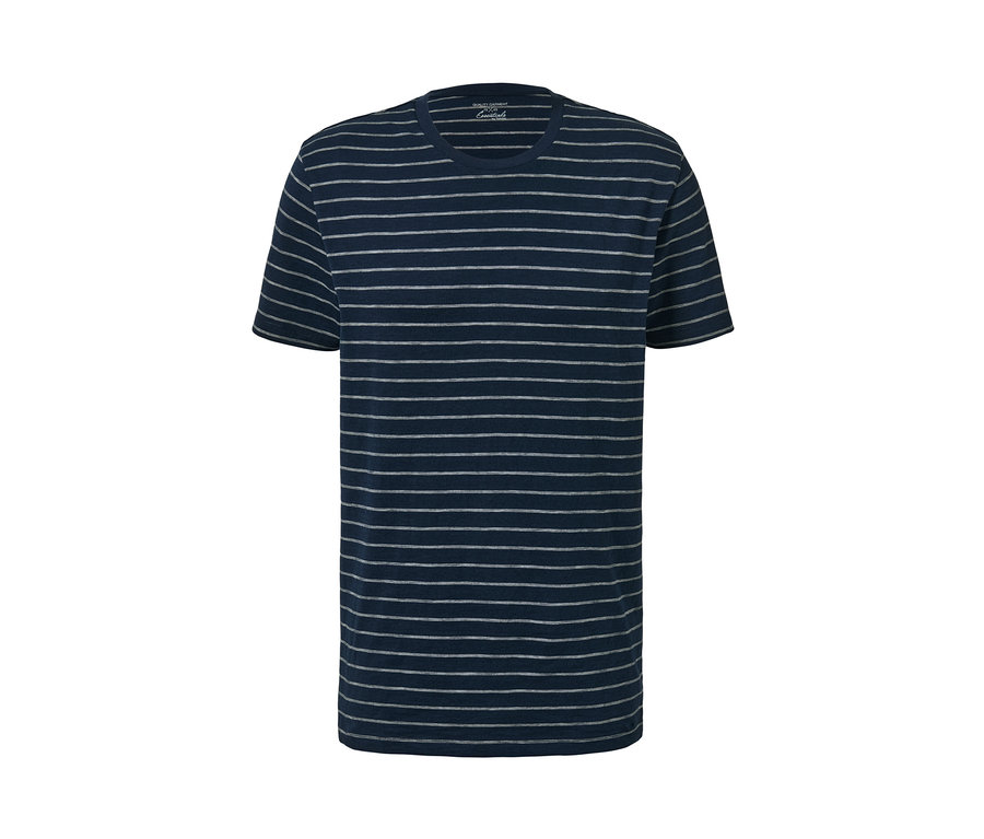 Un t-shirt à encolure ronde avec des rayures horizontales bleu foncé et grises.