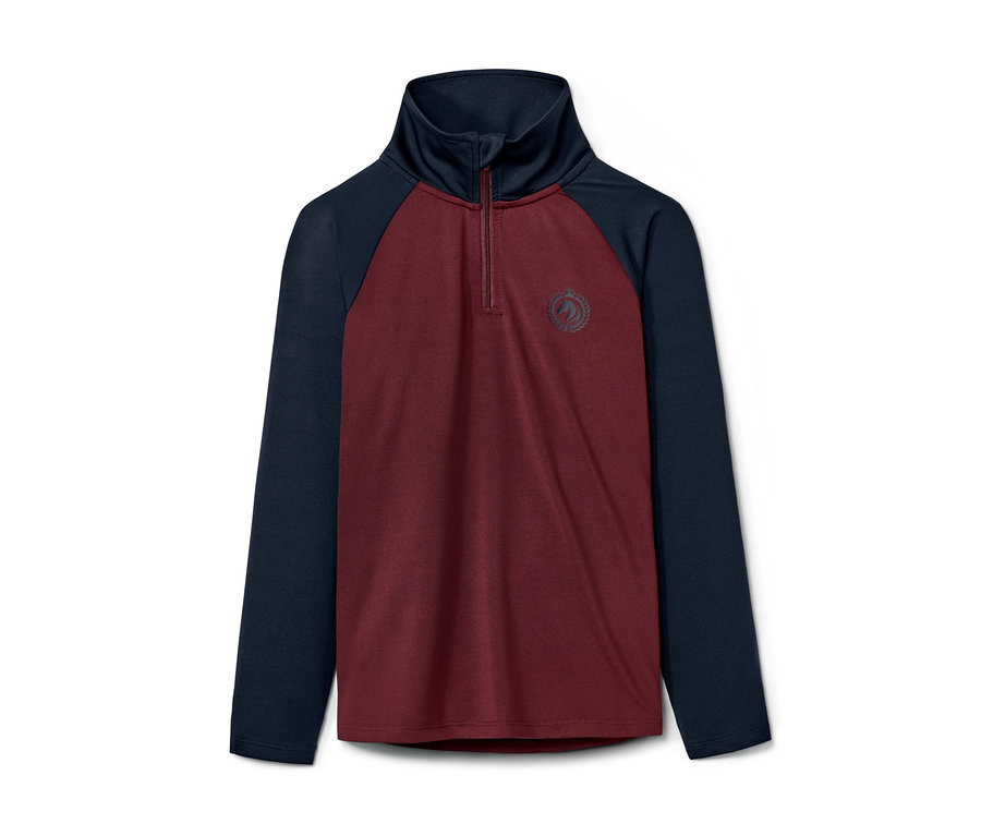 Chemise fonctionnelle d'équitation pour enfant bordeaux avec manches et col bleu foncé.