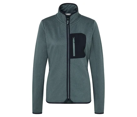 Veste polaire verte avec fermeture éclair et poche poitrine.