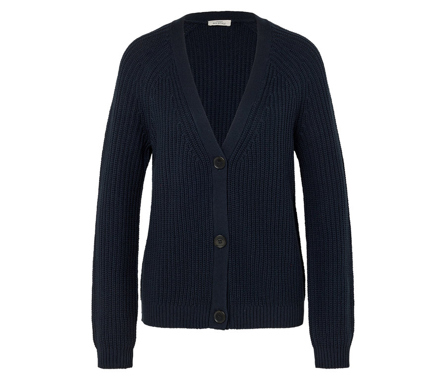 Gilet en tricot bleu marine avec trois boutons.