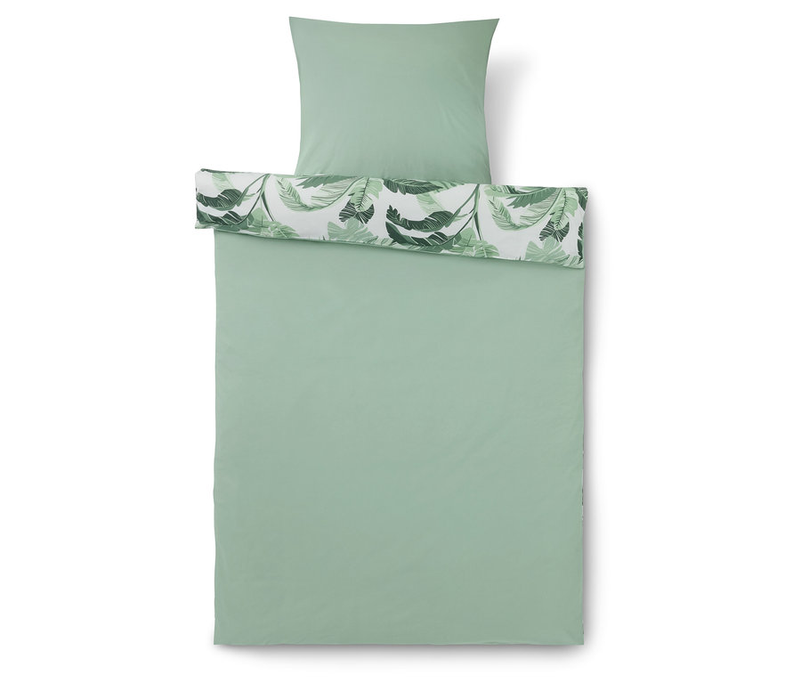 Parure de lit en renforcé vert clair avec motif de palmiers, taille double et taille standard.
