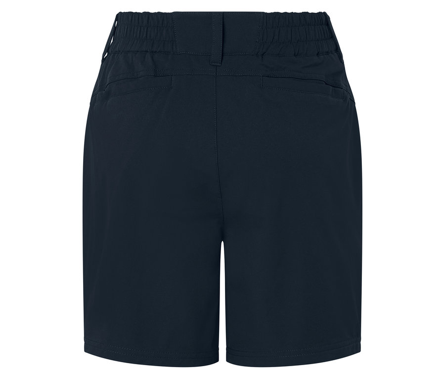 Vue détaillée de l'arrière d'un short technique en softshell bleu foncé.