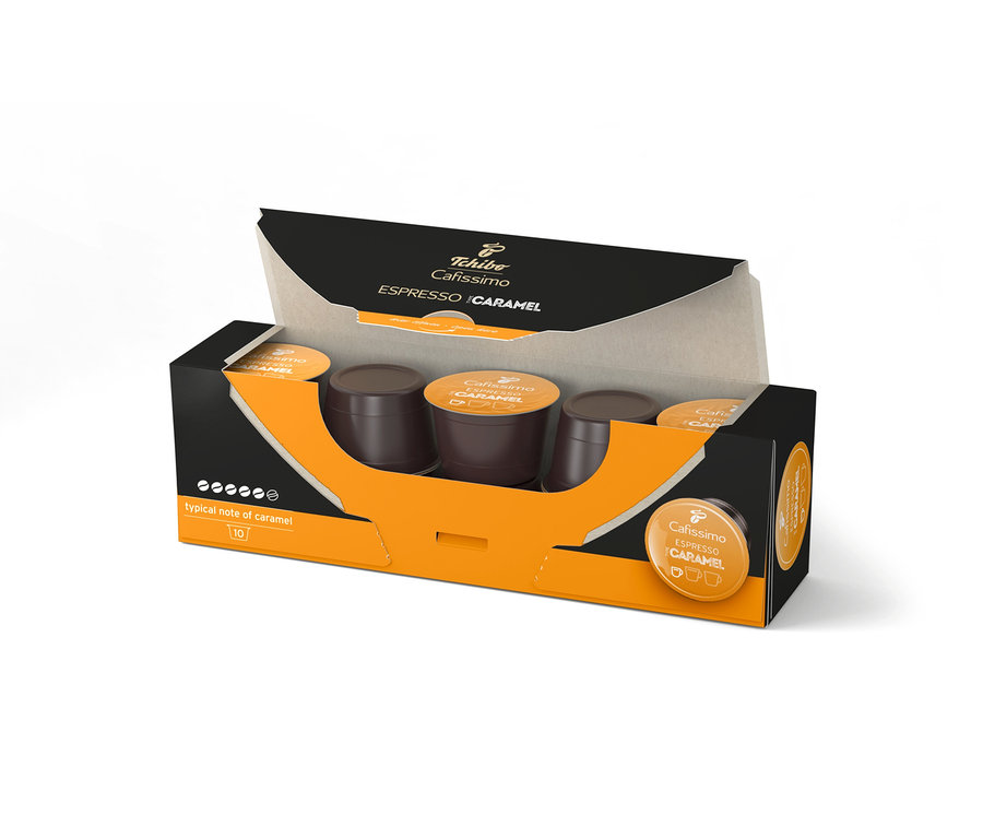 Paquet ouvert de capsules Cafissimo Flavoured Edition Espresso Caramel – 10 capsules.