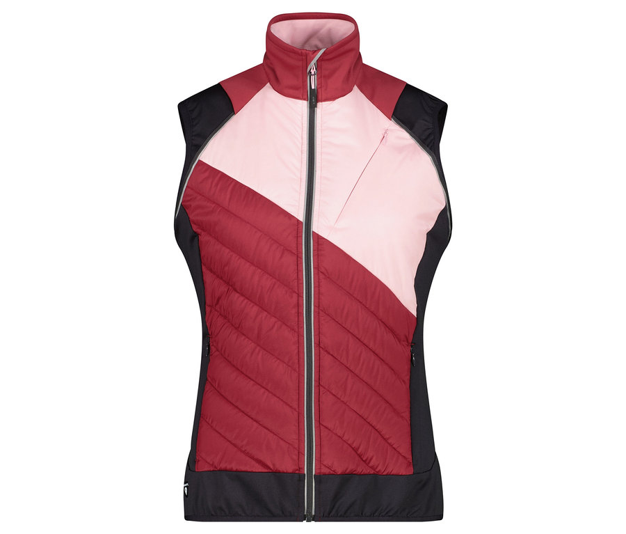 Veste matelassée avec un bloc de couleur diagonal rose et bordeaux et des panneaux latéraux noirs.