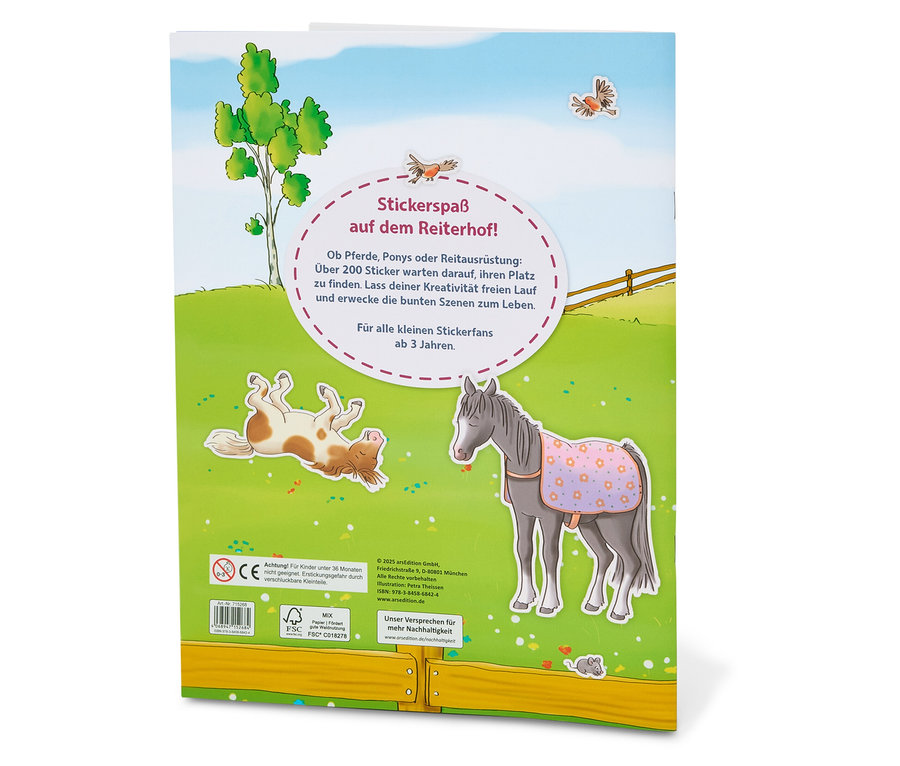 Illustration du dos d'un livre d'autocollants sur le thème des chevaux et de la vie à la campagne.