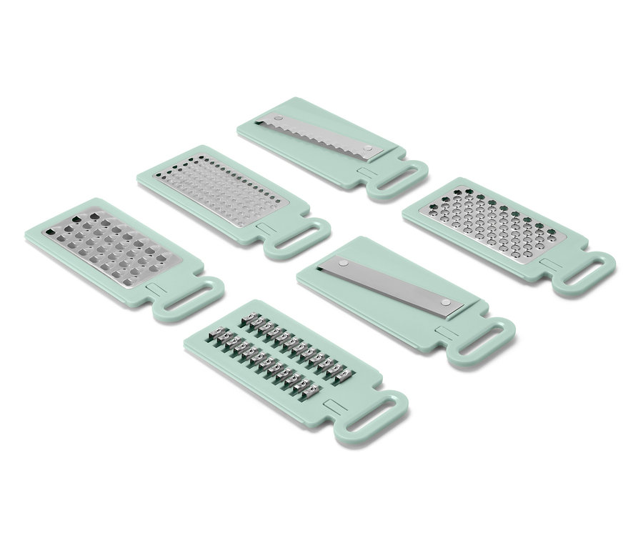 Six râpes vert clair avec différentes lames disposées sur un fond blanc.