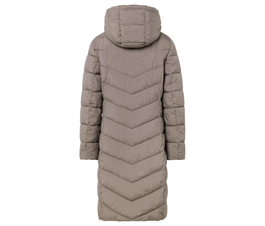 Vue arrière d'un manteau matelassé beige à capuche.