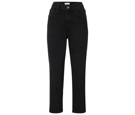 Jean noir taille haute avec jambe droite.