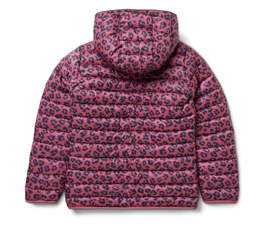 Veste softshell et matelassée 2-en-1 rose pour enfant avec capuche et motif animal bleu foncé, vue arrière.