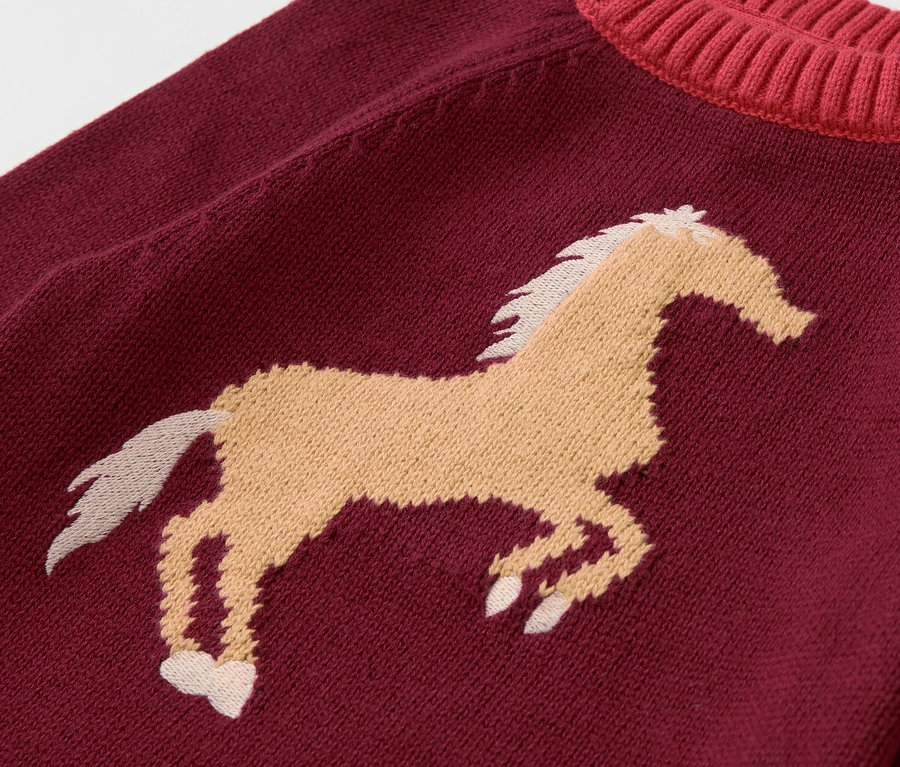 Vue détaillée d'un pull en maille bordeaux pour enfant avec un motif de cheval marron.