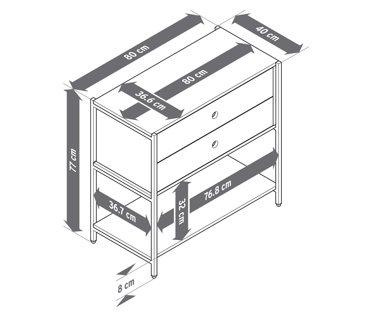 Schéma d'une commode »KLAAR« avec 2 tiroirs et une étagère avec les dimensions indiquées.