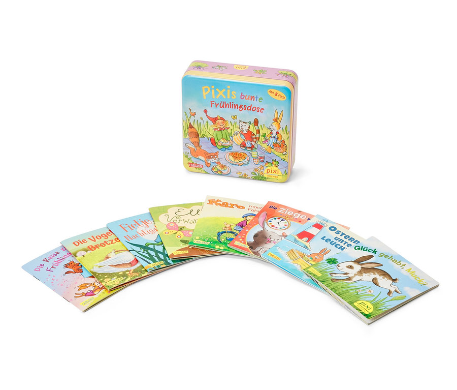 Une boîte métallique avec l'ensemble de livres « Pixis bunte Frühlingsdose » et sept livres Pixi sont disposés en arc de cercle.