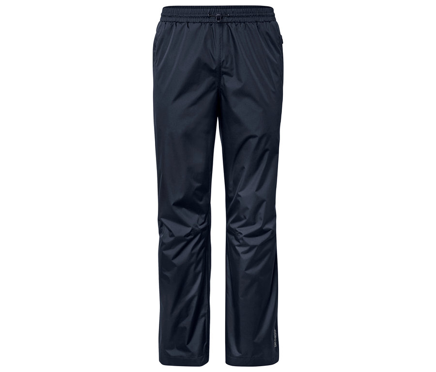 Pantalon imperméable bleu marine avec taille élastique et cordon de serrage.