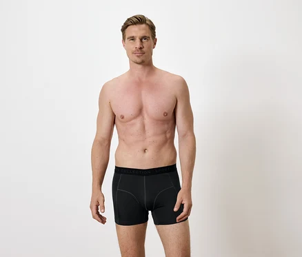 Un homme torse nu pose en boxer noir.