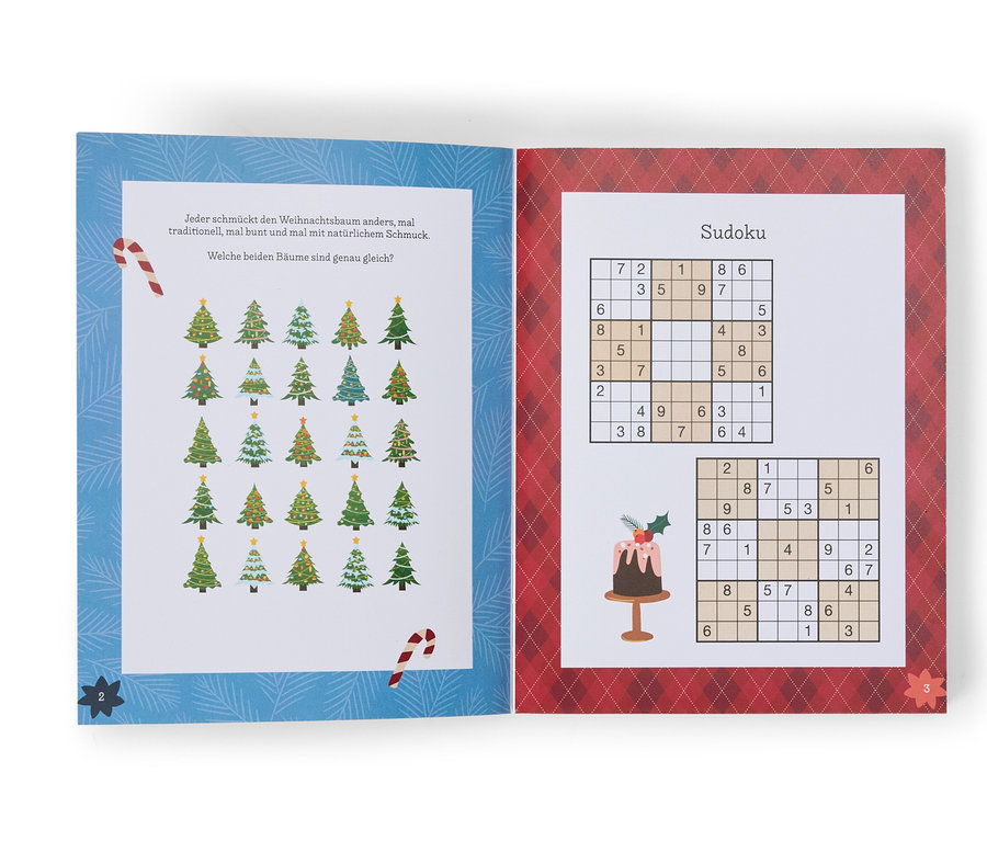 Livre ouvert avec des puzzles de Noël et des Sudoku.