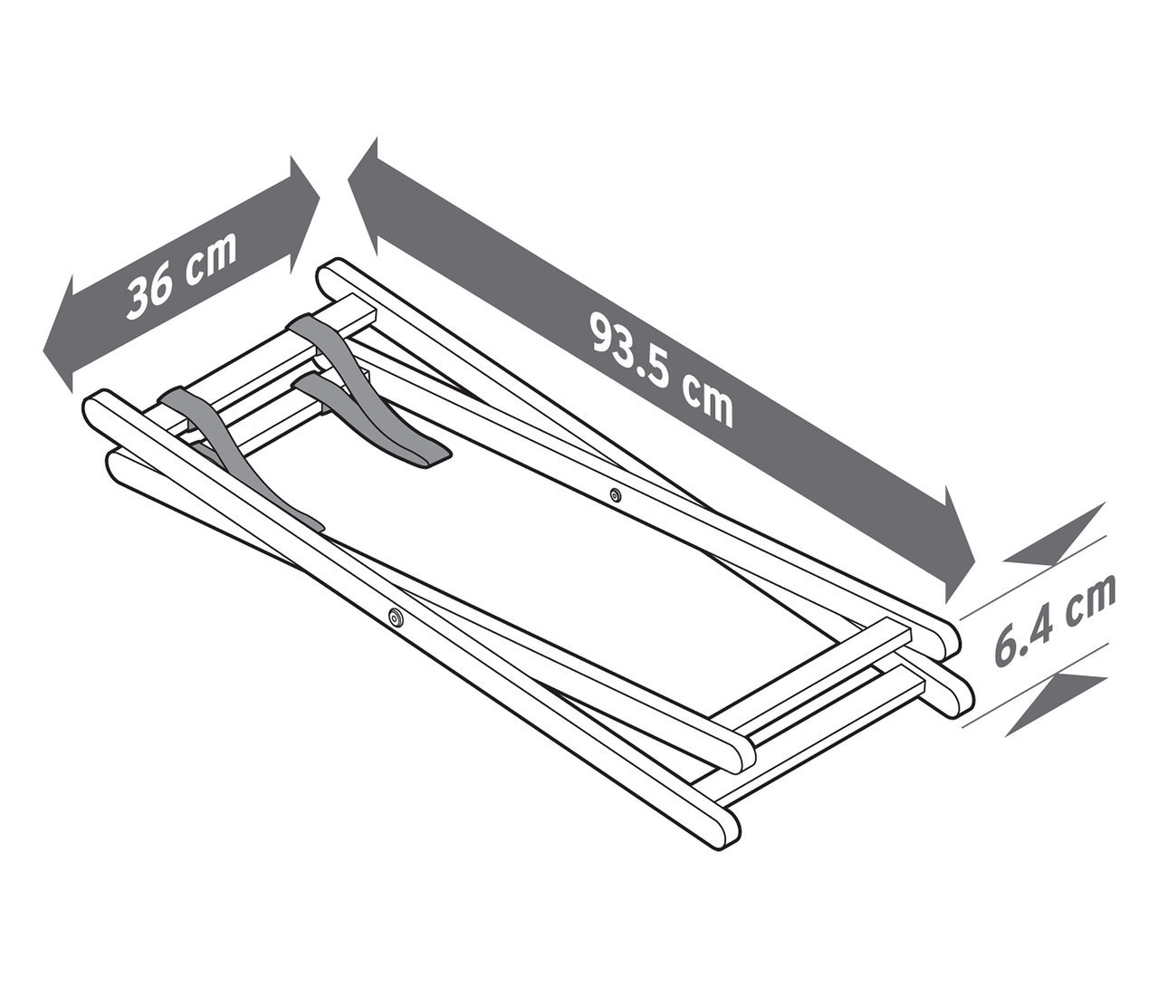 Les dimensions du transat pliant en bois sont de 36 cm x 93,5 cm x 6,4 cm.
