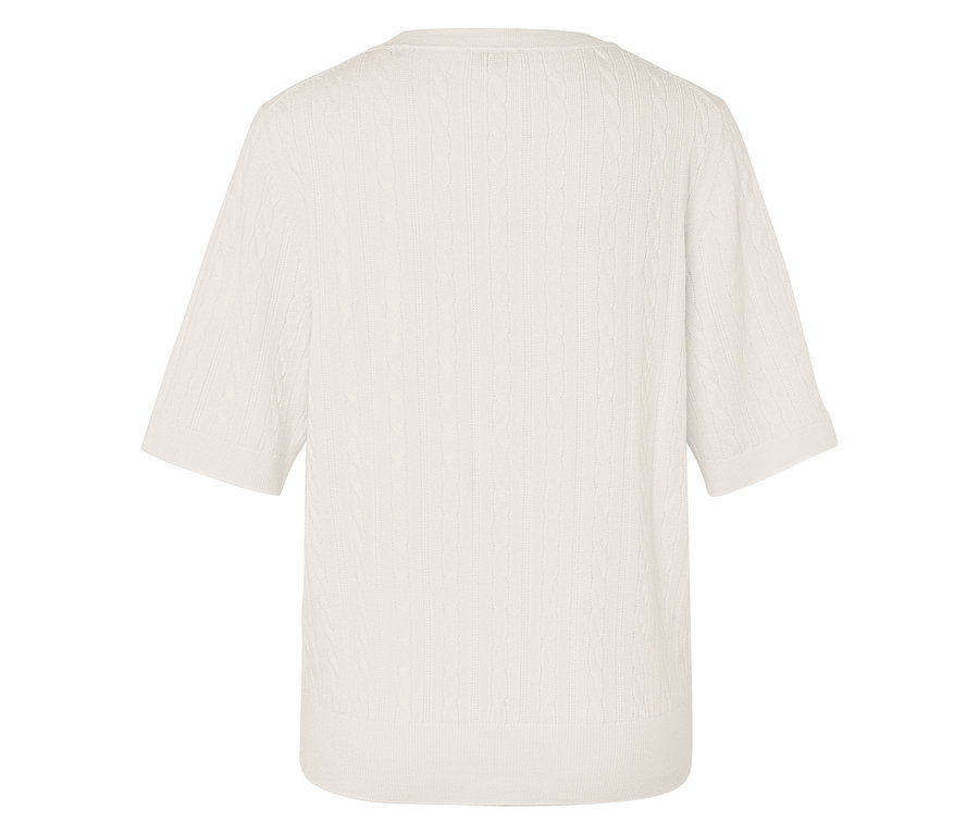 Vue arrière d'un pull tricoté crème à torsades et à manches courtes.
