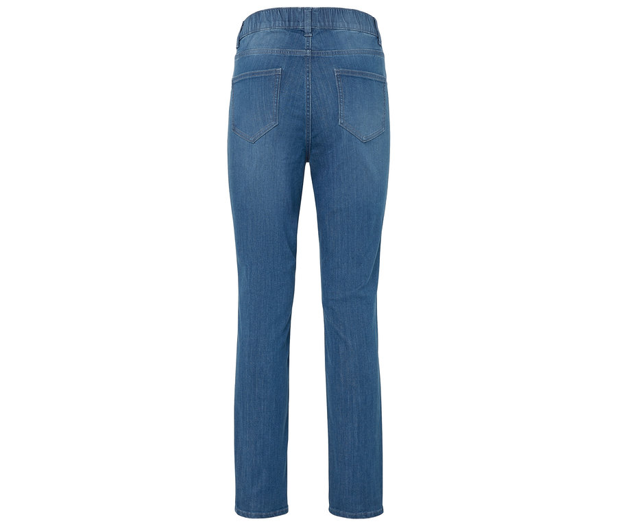Vue arrière d'un jean bleu à jambe droite.