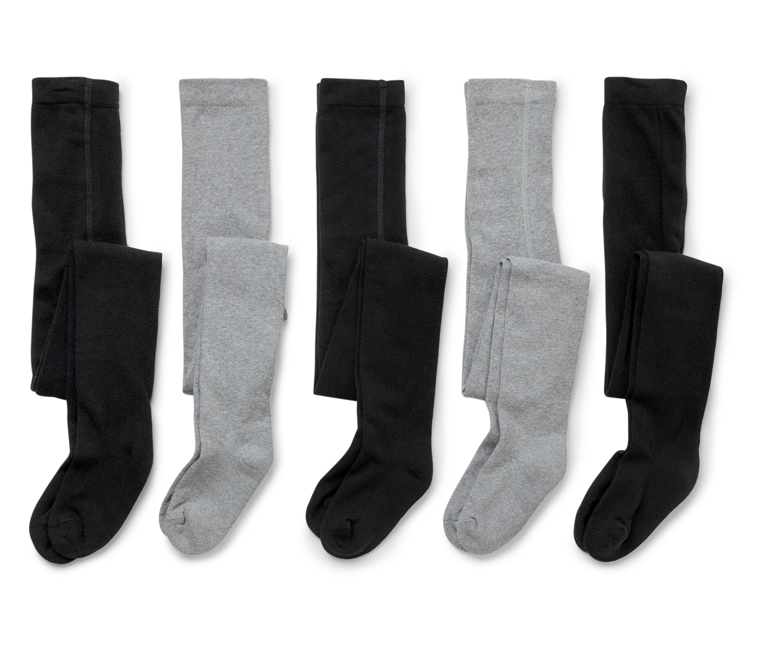 Cinq paires de collants pour enfants sont disposées sur un fond blanc, en alternant le noir et le gris.