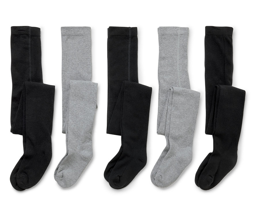 Cinq paires de collants pour enfants sont disposées sur un fond blanc, en alternant le noir et le gris.