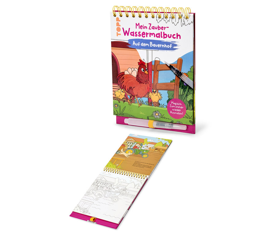 Un livre de coloriage à l'eau ouvert intitulé 'Mein Zauber-Wassermalbuch' présente une illustration d'une ferme avec des poulets. Un stylo est prêt à colorier.