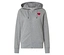 Sweat à capuche gris zippé avec un cœur rouge sur la poitrine.