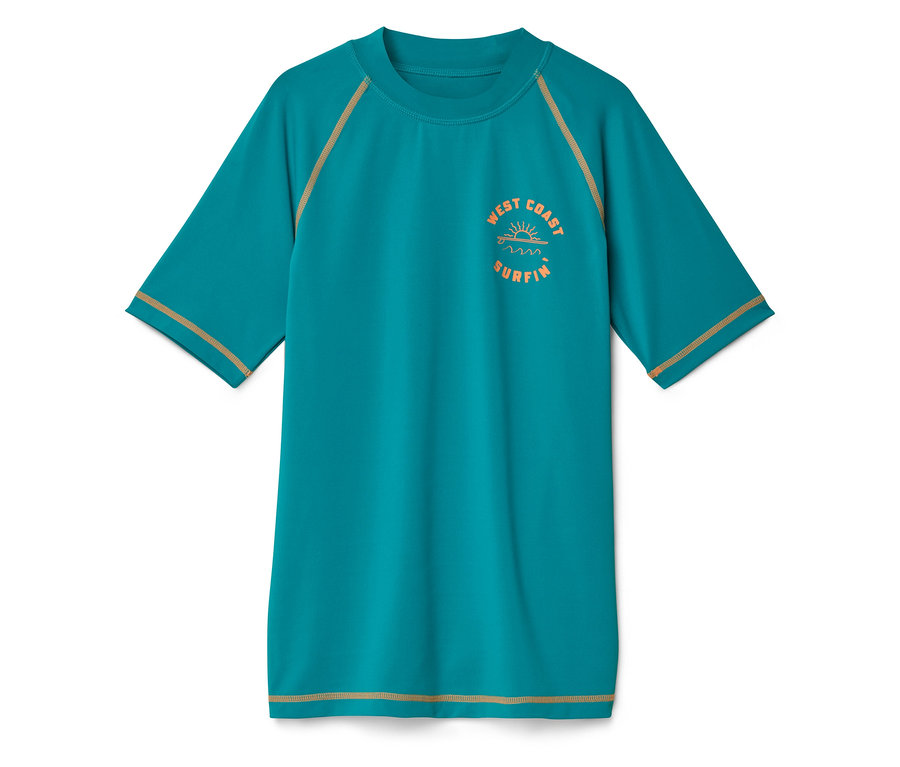 T-shirt de rashguard turquoise à manches courtes avec bordure jaune et imprimé « West Coast Surfin »