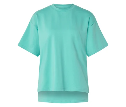 Sweatshirt vert menthe à manches courtes, col rond et dos plus long.