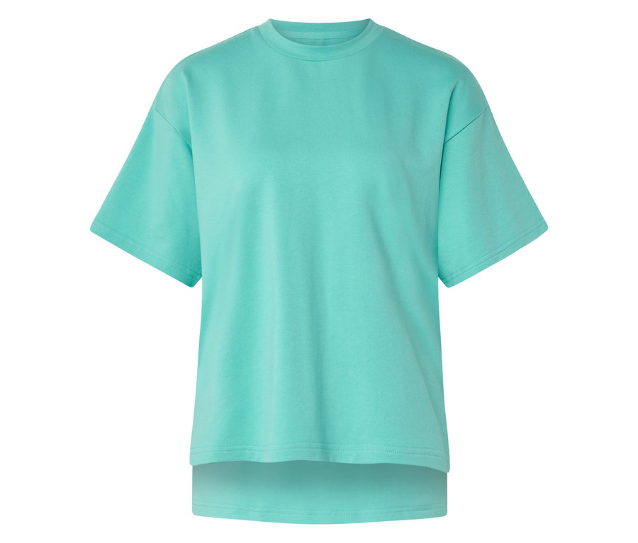 Sweatshirt vert menthe à manches courtes, col rond et dos plus long.