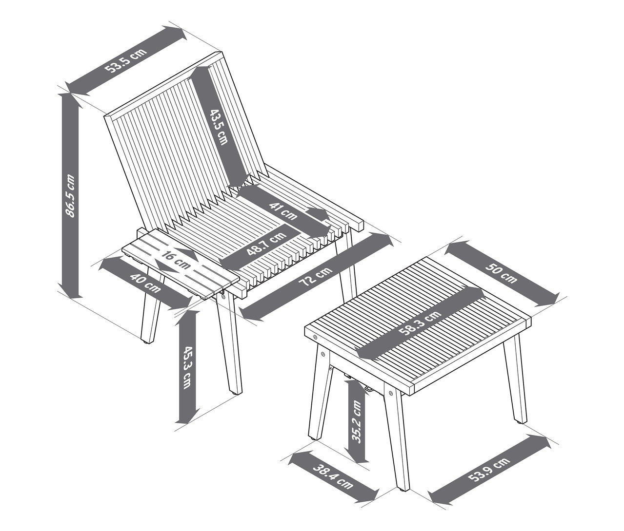 Schéma d'une chaise et d'un tabouret de banc de conversation flexible avec les dimensions.