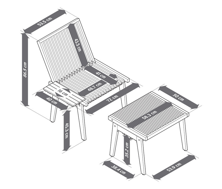 Schéma d'une chaise et d'un tabouret de banc de conversation flexible avec les dimensions.