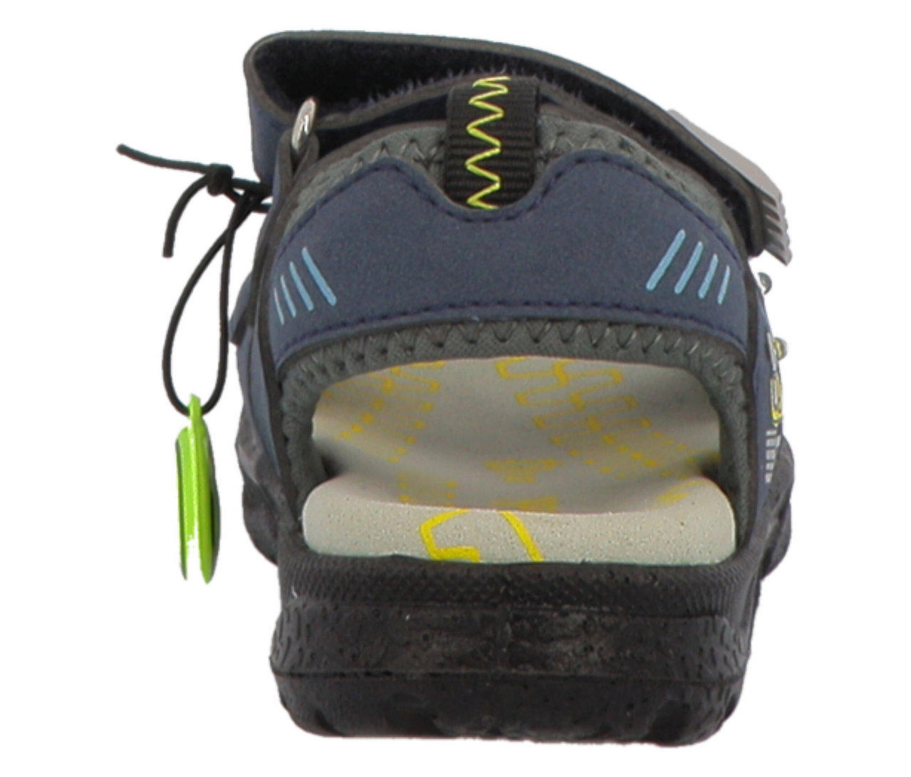 Vue arrière d'une sandale pour garçon « Kodo » de LURCHI en bleu marine et gris avec une semelle noire, une semelle intérieure gris clair à motifs jaunes, une fermeture velcro et un cordon de serrage noir avec un stoppeur vert.