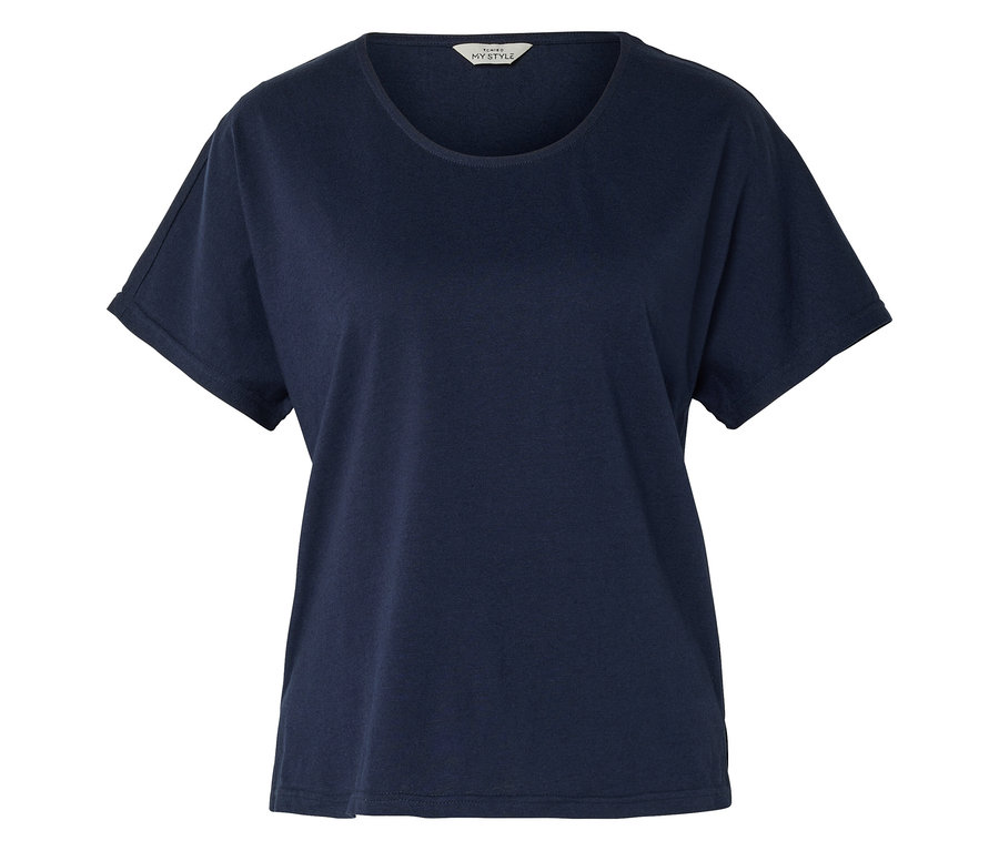 T-shirt en lin mélangé bleu foncé à manches courtes et col rond, posé à plat sur un fond blanc.