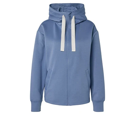 Un sweat à capuche bleu avec une fermeture éclair intégrale et des cordons blancs.
