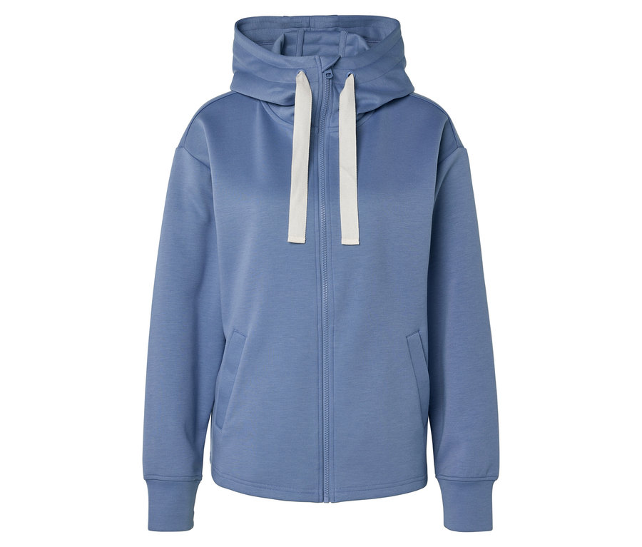 Un sweat à capuche bleu avec une fermeture éclair intégrale et des cordons blancs.