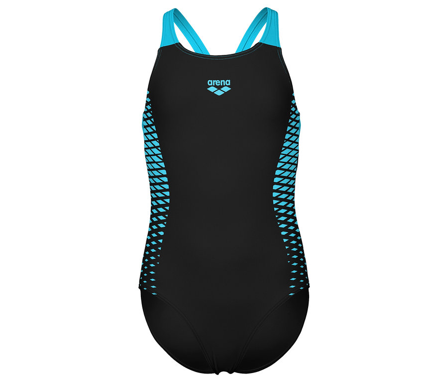 Maillot de bain noir avec bretelles turquoise et accents latéraux.