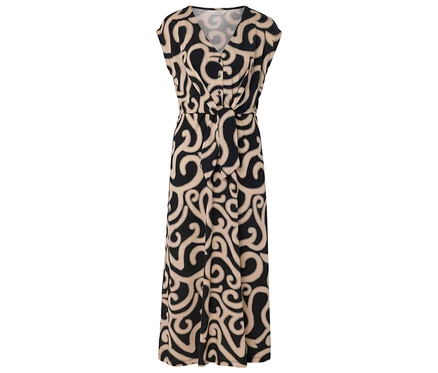 Une robe sans manches à motifs noir et beige avec un col en V et une ceinture à la taille est illustrée.