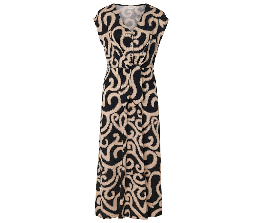Une robe sans manches à motifs noir et beige avec un col en V et une ceinture à la taille est illustrée.