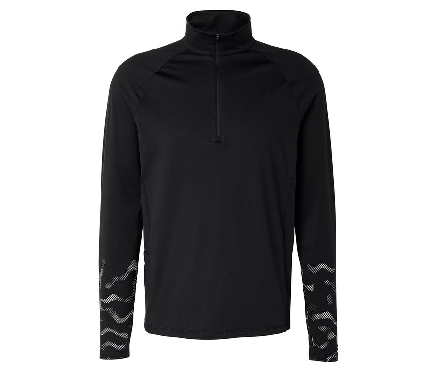 T-shirt de sport thermique noir à manches longues avec col demi-zip et motifs ondulés réfléchissants sur le bas des manches.