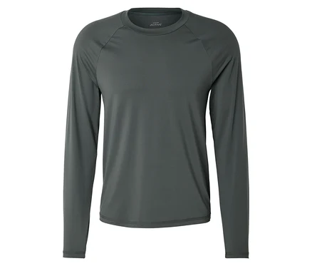 Haut de sport gris à manches longues et col rond posé sur un fond blanc.