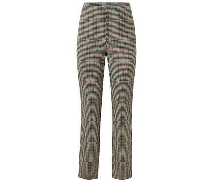 Un pantalon à carreaux marron et noir est visible sur un fond blanc.