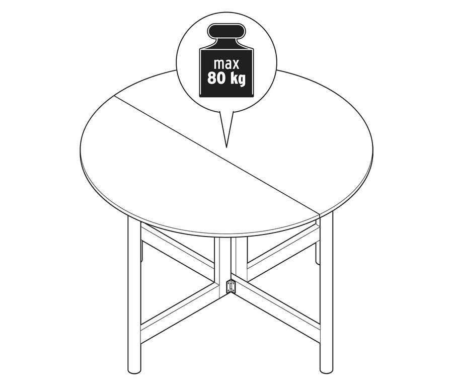 Vue de dessus d'une table ronde à quatre pieds et d'un graphique représentant un poids avec l'inscription « max. 80 kg ».