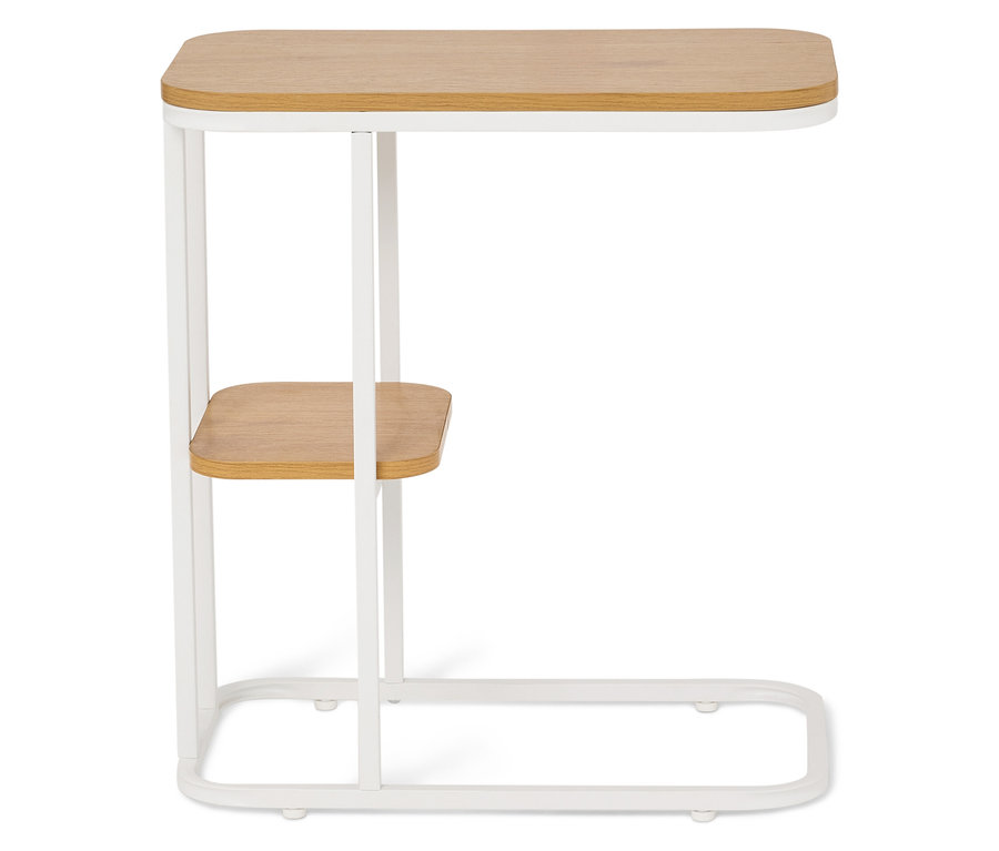 Table d'appoint avec plateau marron clair et cadre blanc.