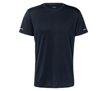 T-shirt bleu marine à manches courtes avec des bandes réfléchissantes sur les manches.